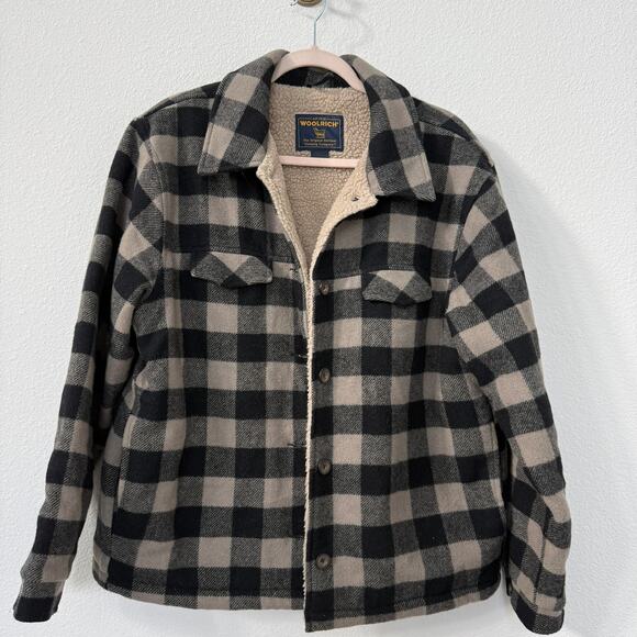 WOOLRICH Tumbleweed Buffalo Plaid Sherpa Lined Wool Jacket Beige Black L - Picture 1 of 7